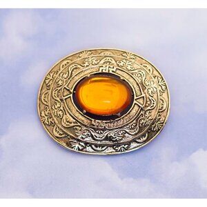 Vintage Art Deco Orange Gemstone Gold Tone Brooch - S2